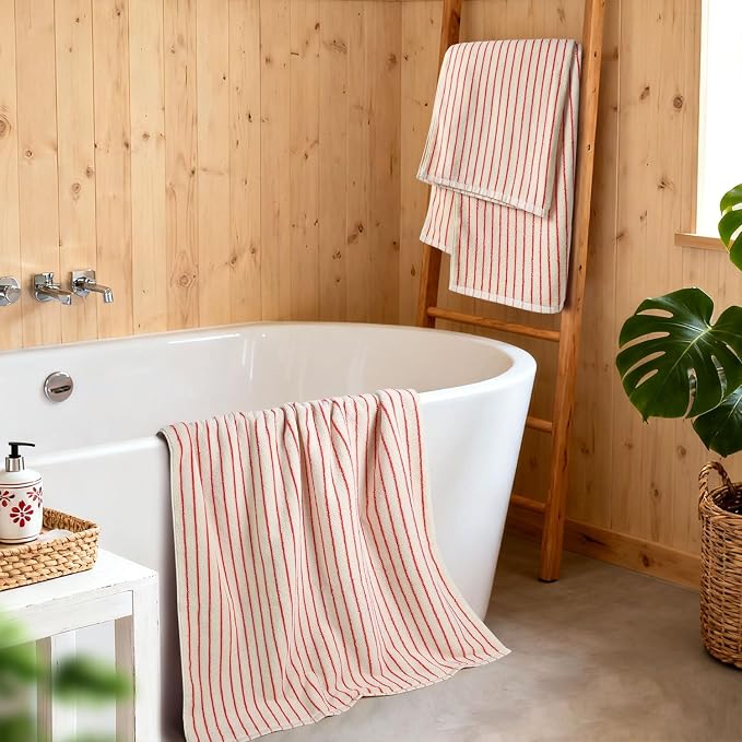 Striped Bath Towels Set of 2 (Coral Red), Lighter & Quick Dry Towels | Large 27.5 x 55 inches, Farmhouse for Bathroom Decor, Shower, Pool Days