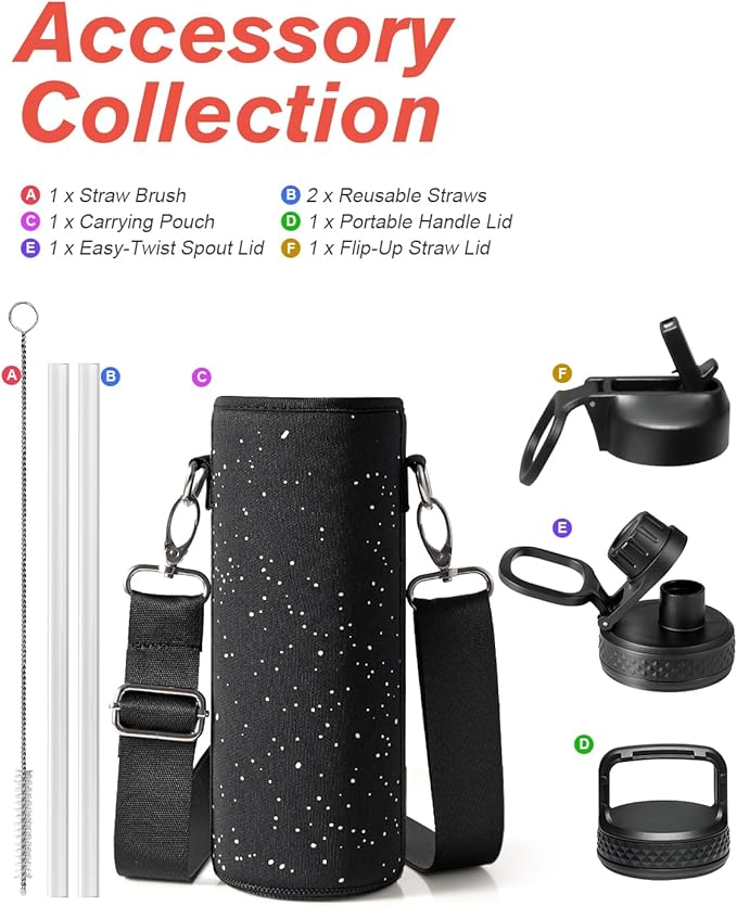 Coolflask Water Bottle 24 oz Insulated with Straw, Stainless Steel Metal 3 Lids Water Flask Wide Mouth for Sports or Office, Non-BPA Keep Cold Up to 48 Hrs or Hot Up to 24 Hrs, Starry Night