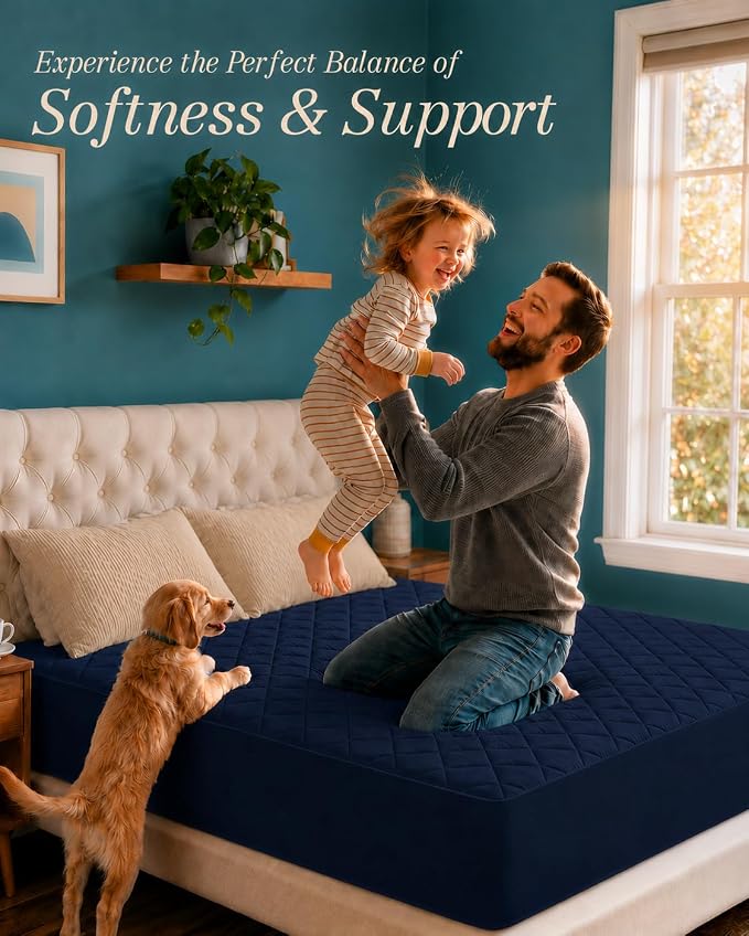 Quilted Fitted Mattress Pad, Full Mattress Protector Topper with Deep Pocket Stretches up to 16 Inches, Machine Washable Mattress Cover by Utopia Bedding (Navy)