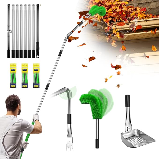 13ft Gutter Cleaning Tools From the Ground, No Ladder Needed, 3-in-1 Gutter Cleaner Pole with Replaceable Brush Rake Scoop, 180° Adjustable Angle for Leaves & Debris Cleaning with Grip Tapes, Green