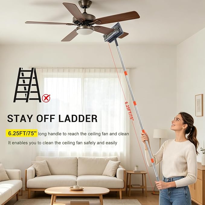 76 Inch Ceiling Fan Cleaner with Long Handle, 360° Fan Blade Cleaner, High Ceiling Duster Cleaning Kit with Cobweb Brush, Chenille and Microfiber Duster for Blinds, Walls and Light Fixtures