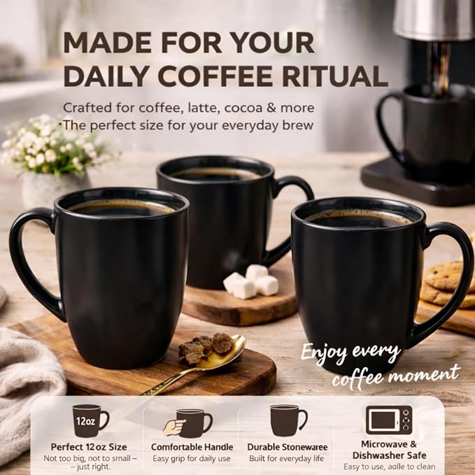 AmorArc 12oz Coffee Mugs Set of 6, Large Coffee Mugs for Men Women Dad Mom, Ceramic Coffee Cups with Large Handle for Tea/Latte/Cappuccino/Cocoa. Dishwasher&Microwave Safe, Matte Black