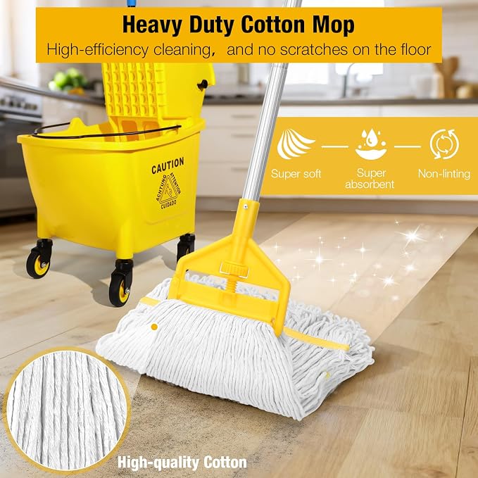 35Qt Commercial Mop Bucket with Side Press Wringer on Wheels Yellow | Including Wet Floor Caution Sign and Heavy-Duty Industrial Mop Set for Home/Business Floor Cleaning/Mopping