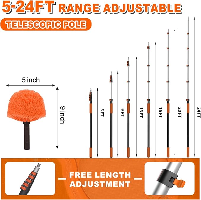 SISUPASSIE 30FT Reach Cobweb Duster with Extension Pole, High Ceiling Long Duster with 5-24FT Telescoping Pole, Spider Web Brush for Indoor Outdoor Use