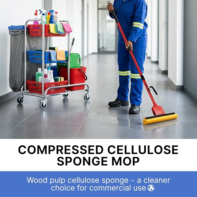 Commercial Sponge Mop for Floor Cleaning with 2 Compressed Cellulose Replacement Heads, Heavy Duty Industrial Mops for Hardwood Tile Laminate Marble, for Office Workshop Warehouse Garage Home Kitchen