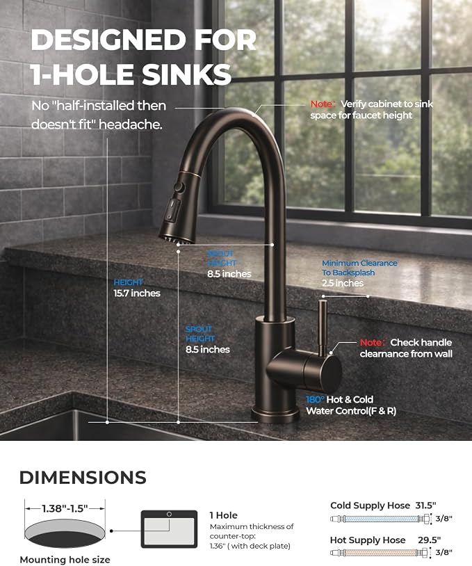 WEWE Kitchen Faucets with Pull Down Sprayer, Stainless Steel Single Handle 1 Hole for Family Kitchen Commercial Camper Laundry Rv Bar, Oil Rubbed Bronze
