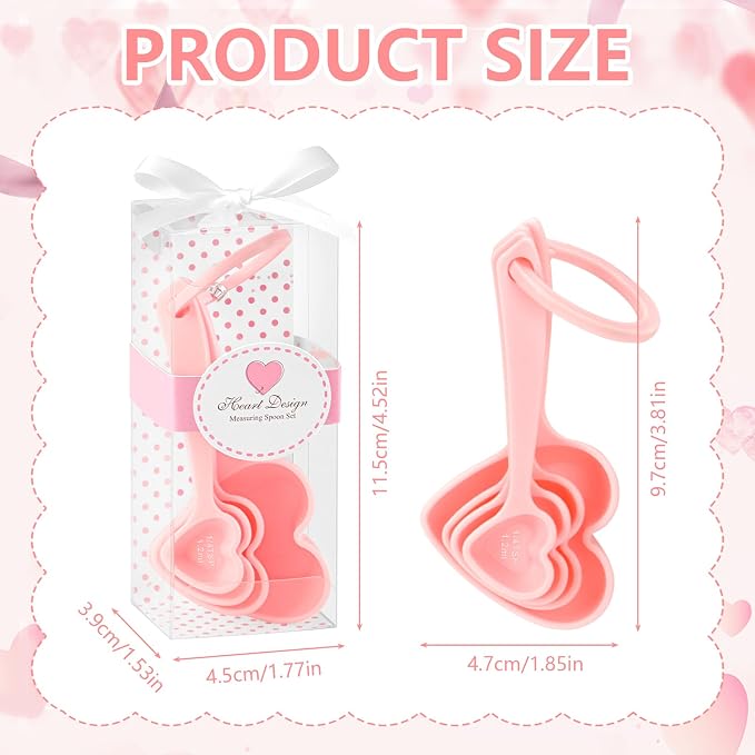 50 Set Heart Measuring Spoons: Wedding Bridal Shower Bulk Party Favors | Plastic heart measuring spoons with boxes and cards. Practical souvenirs for wedding guests and bridal shower.
