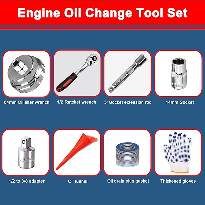 Oil Filter Wrench Tool Set for Toyota Camry Tacoma Tundra Highlander 4Runner Sienna Cruiser 2.5-7.5L Engine, 64mm Oil Filter Wrench + Ratchet Wrench + Extension Rod + 14mm Socket + Gasket