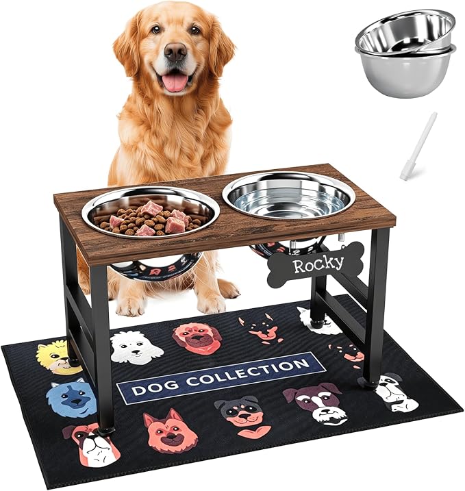 10" Tall Elevated Dog Bowls, Wooden & Metal Raised Dog Bowl Stand with 2 Stainless Steel Bowls-1700ml Capacity & Non-Slip Mat, Easy-Clean for Indoor/Outdoor Use