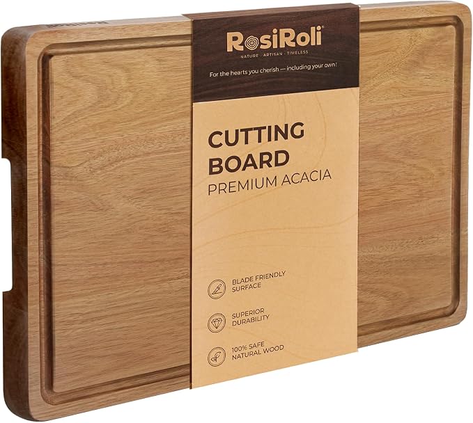 Large Acacia Wood Cutting Board for Kitchen, 17x12 Inch | Solid Acacia Wood, Butcher Block Size for Large Meal Prep, 0.7-Inch Thickness, Deep Juice Grooves, Non-Slip Feet
