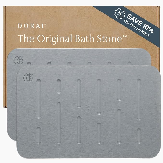 Dorai Home Stone Bath Mat Set - Premium Diatomaceous Earth Bath Floor Mats with Non-Slip Base, Fast-Drying Modern Shower Mat for Bathroom | Rain Ash, 2 Pack - 23.6"x15.4"