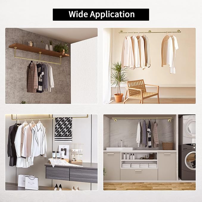 Oroonoko 72inch Gold Wall Mounted Clothes Rack, Industrial Pipe Garment Rack Hanging Rod Bar for Closet Storage,Laundry Room Up to Max Load 132lbs(Gold)