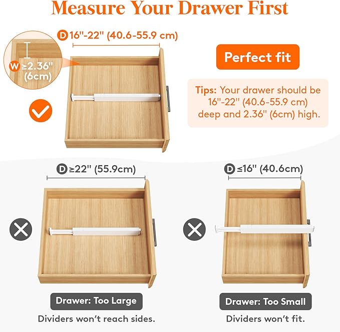 Lifewit 8 Pack 2.36" High Drawer Dividers 40-56cm/16-22 Adjustable Drawer Organizer for Clothes/Utensils, Expandable Drawer Separator in Dresser/Kitchen/Bedroom/Office Organization & Storage White