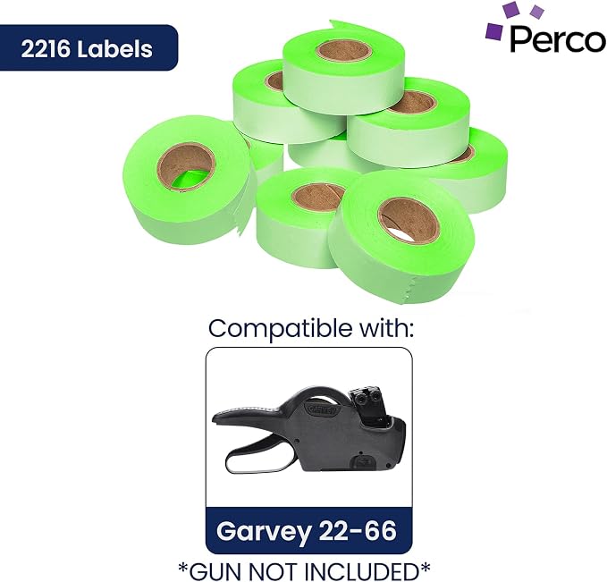 Perco Fluorescent Green Price Marking Labels - 36,000 Blank Labels for Garvey 22-66/22-77/22-88 Two Line Pricing Gun with Ink Rolls Included - 36 Rolls, 4 Sleeves - Made in USA