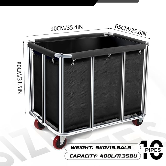 Commercial Laundry Cart with Wheels, 400L Large Rolling Laundry Cart with Steel Frame and Oxford Cloth, Heavy Duty Industrial Laundry Cart for Home,Hotel,Laundry Room, 441 lbs Load (Black-10)
