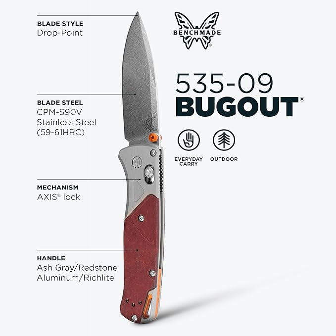 Benchmade Bugout EDC Knife, S90V Steel Blade (535-09) | Ash Gray / Redstone handle, Drop-Point blade