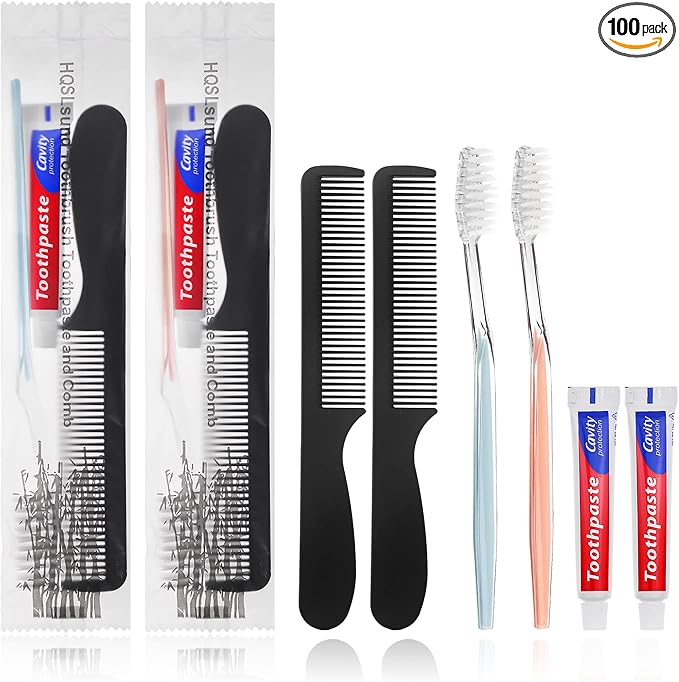 100 Pack Disposable Toothbrushes with Toothpaste and Comb for Homeless Individually Wrapped,10g Travel Toothpaste,7inch Black Hair Comb,Soft Bristle Toothbrush for Hotel,AirBnb,Shelter,Charity