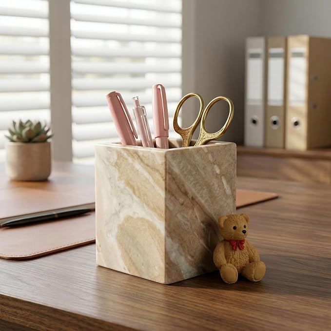 Natural Marble Pen Holder, 2.95” x 3.74” Square Desk Organizer, Marble Toothbrush Holder, Makeup Brush Holder, Decorative Storage Cup for Office Vanity Bathroom Kitchen Countertop, Brown