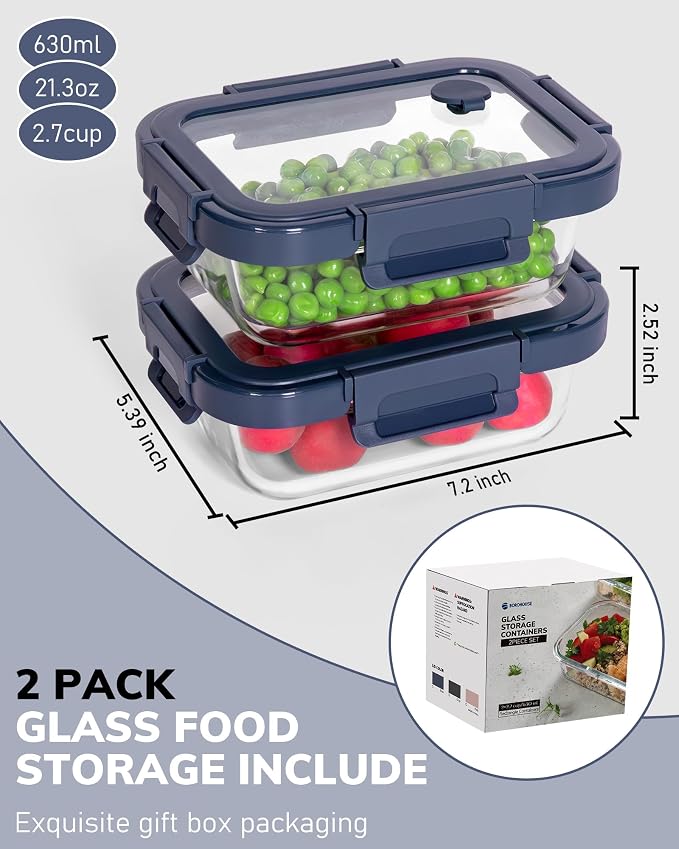 2-Pack Glass Food Storage Containers with Tempered Glass Lids (21.3oz/2.7cup) - Airtight Snap Lock, Microwave & Oven Safe (-4℉~ 950°F), Freezer to Baking Dish, BPA-Free, Gift Box (Blue)