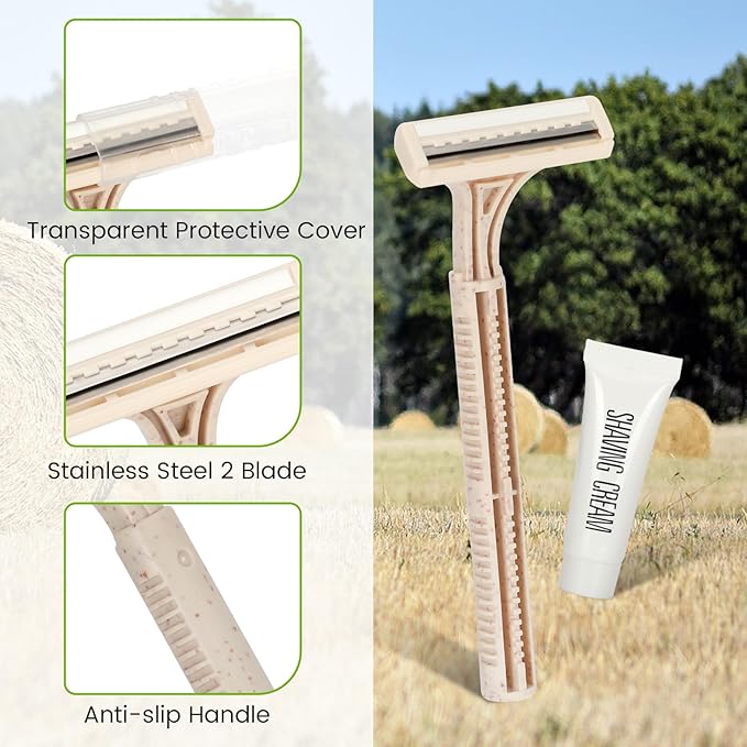 Eco-Friendly Wheat Straw Disposable Shave Kit - 100 Pcs Wheat Straw Razors and Shaving Cream(10g) Bulk, Individually Sealed for Hotel, Airbnb, Camping, Travel, Homeless, Shelters and Charities