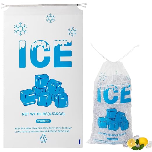 100 PACK 10 lb. Drawstring Ice Bags 12 x 21 Inch Heavy-Duty | Plastic Ice Bags with Cotton Drawstring (2mil Thickness, Design of The Ice Pattern)