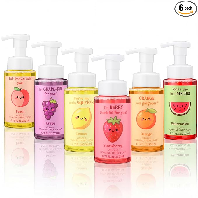 6 Pack Funny Fruit Foaming Hand Soap with Pump Care Moisturizing Liquid Fresh Flavor Foam Hand Wash Teacher Appreciation Gift Bulk Motivational Pun Gift for Nurse Employee Staff Graduation, 8.75 Fl oz
