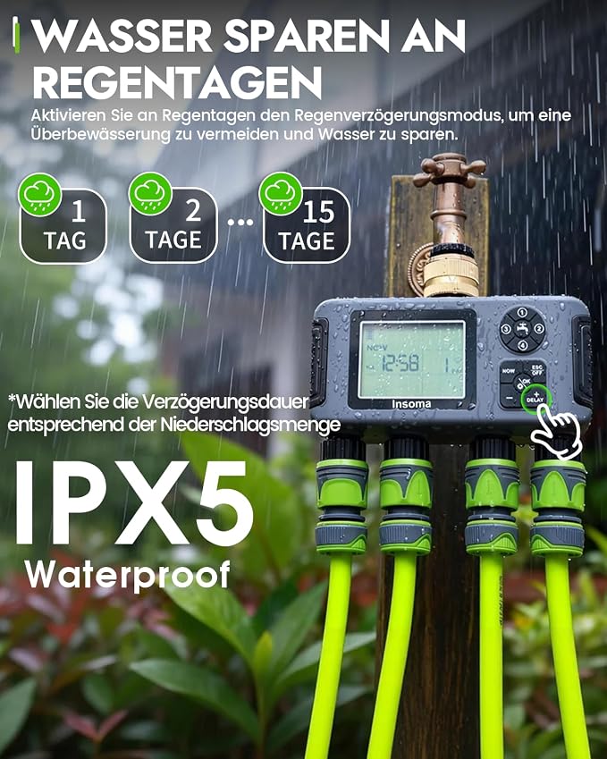 Insoma 4-Zone Water Timer with Brass Inlet, Automatic Garden Hose Timer with Manual/Rain Delay & Large Display, IPX5 Waterproof Faucet Timers for Sprinkler System, Yard, Lawn, Greenhouse