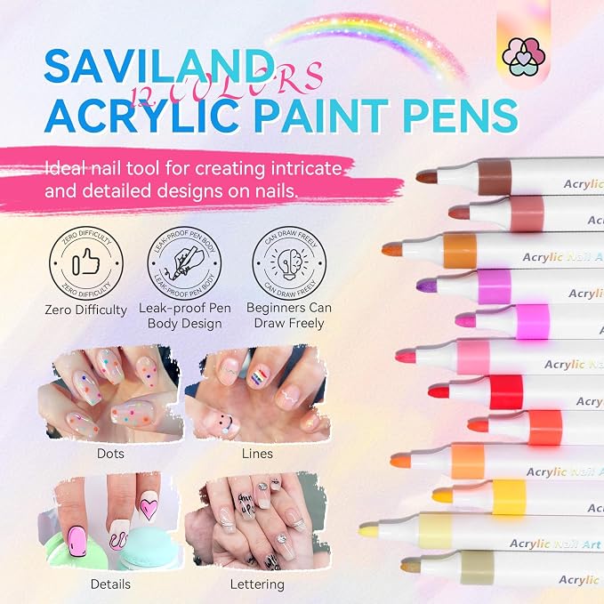 SAVILAND Nail Art Pens Set: 12 Summer Colors Nail Polish Pens for Nail Art, 10s Quick-Dry Waterproof Nail Art Pens with Fine Tips for Painting Nails, DIY Home Salon Manicure Beginners