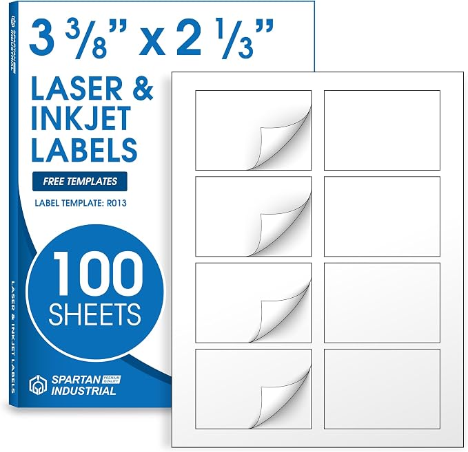 2 1/3" X 3 3/8" Matte White Printable Labels (100 Sheets, 800 Stickers) Name Tag Stickers, Address and Shipping Labels for Laser & Inkjet Printers - Spartan Industrial Template R013