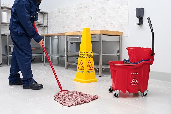 SPARTA OmniFit Mop Bucket System, Durable Mop Bucket, Side Press Wringer, and Soiled Water Insert, Floor Cleaning Essentials for Commercial and Home Use, 35 Qt Capacity, 1 Count, Red