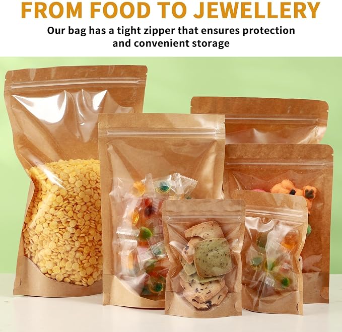 150-Pack Kraft Paper Bags with Clear Window 5x8 Reclosable Small Stand Up Mylar Bags for Food Storage Resealable Smell Proof Pouch, Edible Packaging, Reusable bags for Small Business