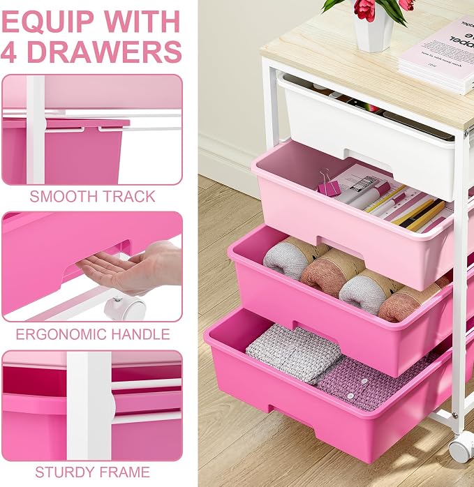 SYKIARIOL Utility-Rolling-Craft-Storage-Cart-Organizer with 4 Drawers and Wooden Tabletop, 4 Tier Drawer Cart for Home Office, Kid Room, Classroom Teacher, Dorm, Pink