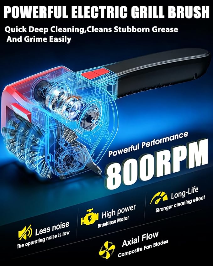 Electric BBQ Grill Brush,800RPM Automatic Grill Cleaner for Outdoor Grill with 2-Speed & 20kg Torque–Last 3.5H, LED Light for Night,No Bristle Drop Safe for Cast Iron Stainless,Gifts for Men Dad