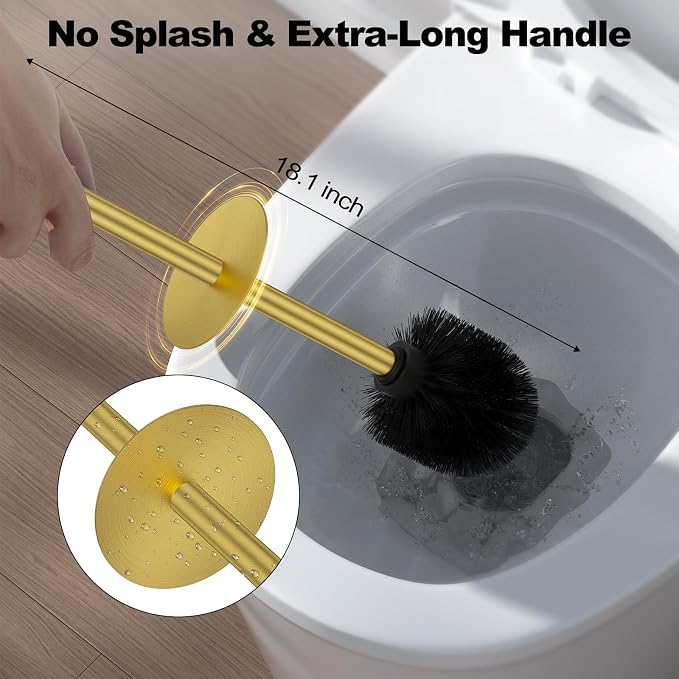 Brass Gold Toilet Brush and Holder Set，Stainless Steel Heavy Duty Toilet Bowl Brush，Extra Long Handled Modern Toilet Cleaner Brush with Replaceable Head, Removable Inner Bowl, and Splash Protection