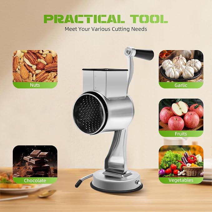 5-In-1 Stainless Steel Rotary Vegetable Cheese Grater Potato Slicer, Countertop Grater Manual Kitchen Shredder Round Food Chopper with Blades for Cafeterias Restaurants Hotels