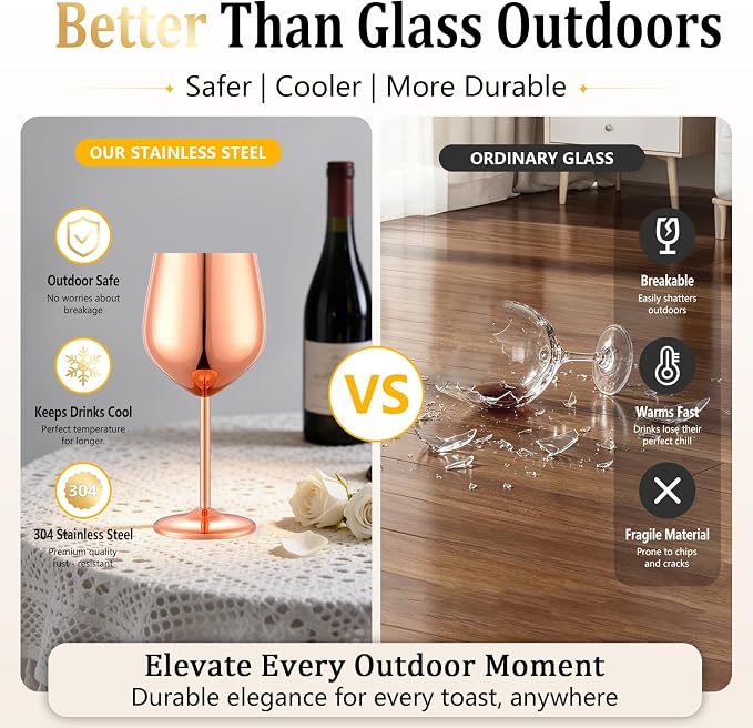 UNISWEET Unbreakable Stainless Steel Wine Glasses Set of 4, Rose Gold | 17oz Unique Fancy Metal Wine Goblets, Shatterproof, Ideal for Outdoor, Camping, Travel, Pool, Great Gift for Wine Lovers