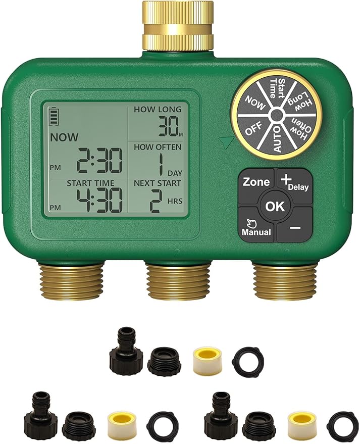 MOES 3 Zone Water Timer for Garden Hose, 3/4 in Brass Inlet and Outlets, Battery Operated Sprinkler Timer, 3 Outlet Faucet Valve, Sequential Watering, Rain Delay, Non-WiFi