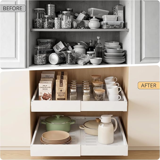 DOMNIU 2 Pack Pull Out Cabinet Organizers Expandable Width (12.4''-20.27''), Upgrade 3 Slide Rails Sliding Drawer for Kitchen Cabinet Organizer with Adhesive Nano Film, White