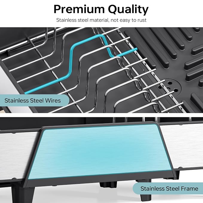 Urackify Large Expandable Dish Drying Rack for Kitchen Counter, Black | Triple Extendable 16.5"-24.2", Stainless Steel Anti-Rust Dish Drainers with Cutlery & Cup Holders for RV, Appartment,