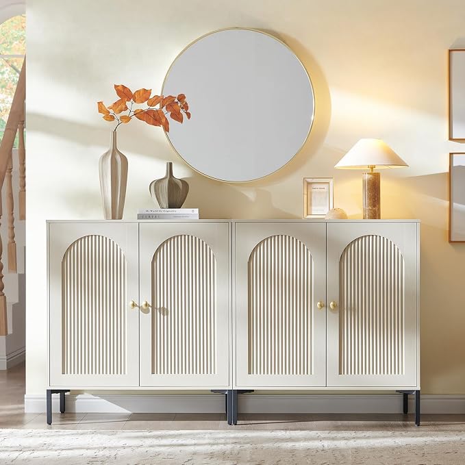 IFGET 61.75" W Modern Arched Sideboard Buffet Cabinet with Storage, Cream | Fluted Arch Sideboard Cabinet w/Adjustable Shelves, Wooden Modular Kitchen Cabinet for Dining& Living Room, Kitchen, Entryway