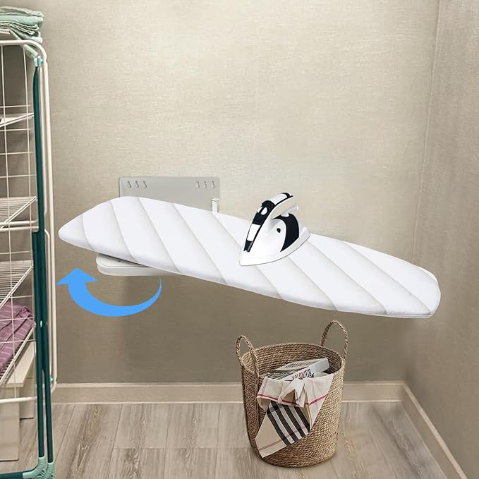 Wall Mounted Ironing Board Folding Ironing Board Wall Mount Hidden Space Saving 180 Fold Away Ironing Boardwith Heat Resistant Cover for Home Laundry Room Dorm, 37.40"x11.81", White