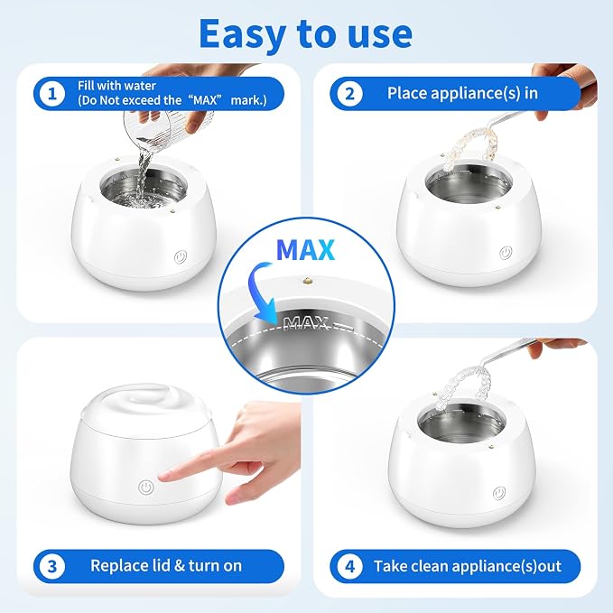 Ultrasonic Retainer Cleaner Machine 48kHz Denture and Aligner Cleaning Pod for Mouth Guards Night Guards Dental Trays Braces Toothbrushes Jewelry with 200ML Capacity (White)
