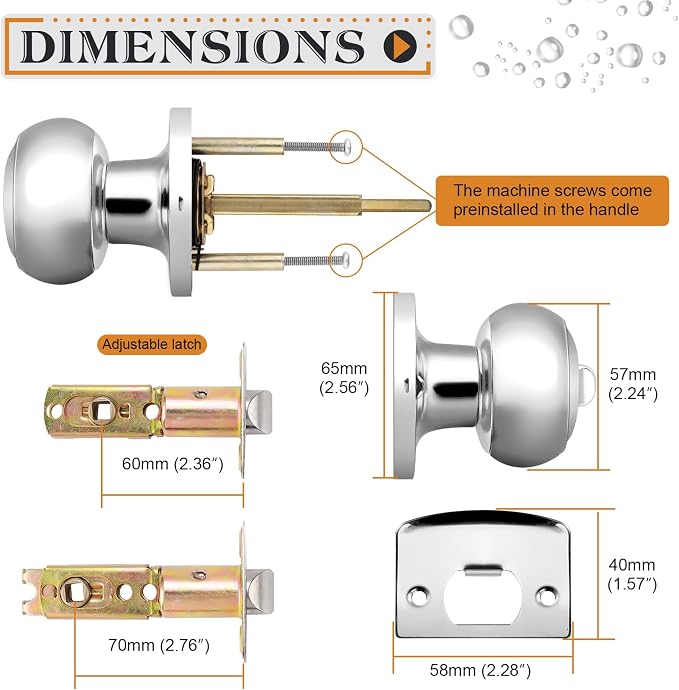 Probrico Polished Chrome Privacy Door Knob, Interior Door Lock for Bathroom Bedroom, Keyless Round Ball Knob Handle, Thumb-Turn Locking, 1 Pack