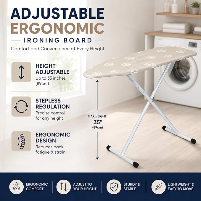 T-Leg Ironing Board with Perforated Top, Adjustable Height up to 35", Foldable Design for Compact Storage, Heavy Duty Steel Frame, Non-Slip Feet, 53" x 14" Full Size Beige