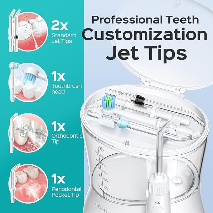 COSLUS E1 Electric Water Flosser for Teeth: Professional Dental Pick for Orthodontic, Sensitive Gums, Braces - 12 Pressure Settings & 5 Multi-Functional Tips for Multiple Users, Home Use, White