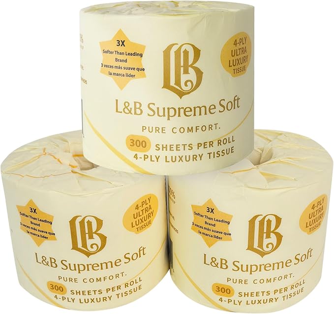 L&B Supreme Soft Toilet Paper, 4-Ply Premium, Jumbo Pack, 36 Mega Rolls = 72 Regular Rolls, 300 Sheets per Roll, Extra Thick, Individually Wrapped, Septic Safe