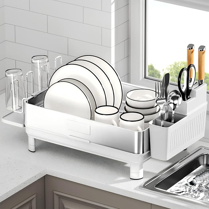 Dish Drying Rack, 304 Stainless Steel Dish Racks for Kitchen Counter | Dish Drainers with Automatic Drainage, Utensil Holder & Cups Holder, Space Saving Kitchen Organizer, White