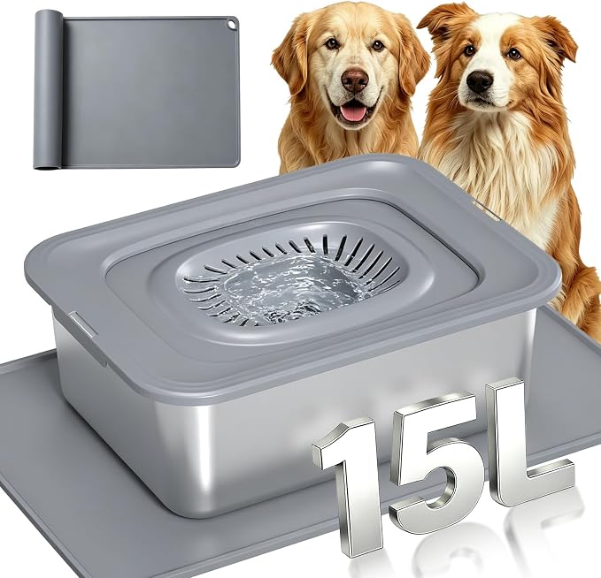 15L/3.96 Gal Large Dog Water Bowl No Spill Stainless Steel | Pet Water Bowl for Messy Drinkers, Anti-Slip XXL Silicone Mat, Floating Disk & Dual Filtration