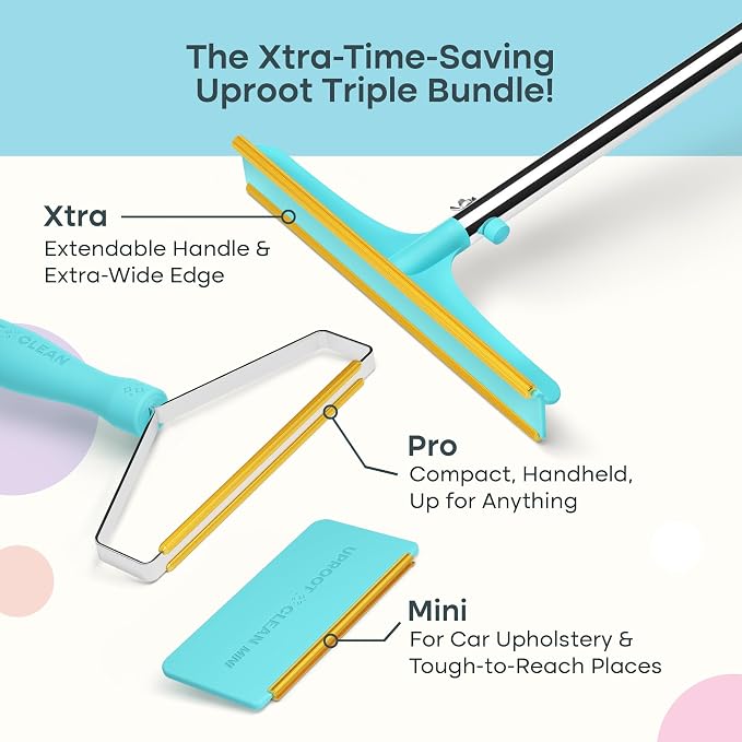 Uproot Clean Set: Pro & Mini Pet Hair Removal Tools & Xtra Carpet Rake,3pck | Pro Pet Hair Remover for Couch Bundled with Mini for Cars & Xtra for Carpet. A True Fur-Riccane Survival Kit