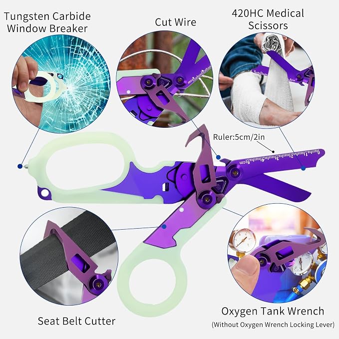Leepenk 5PCS 6 in 1 Multi-function Trauma Shears with Strap Cutter and Glass Breaker, with Luminous Holster(Luminous Purple)